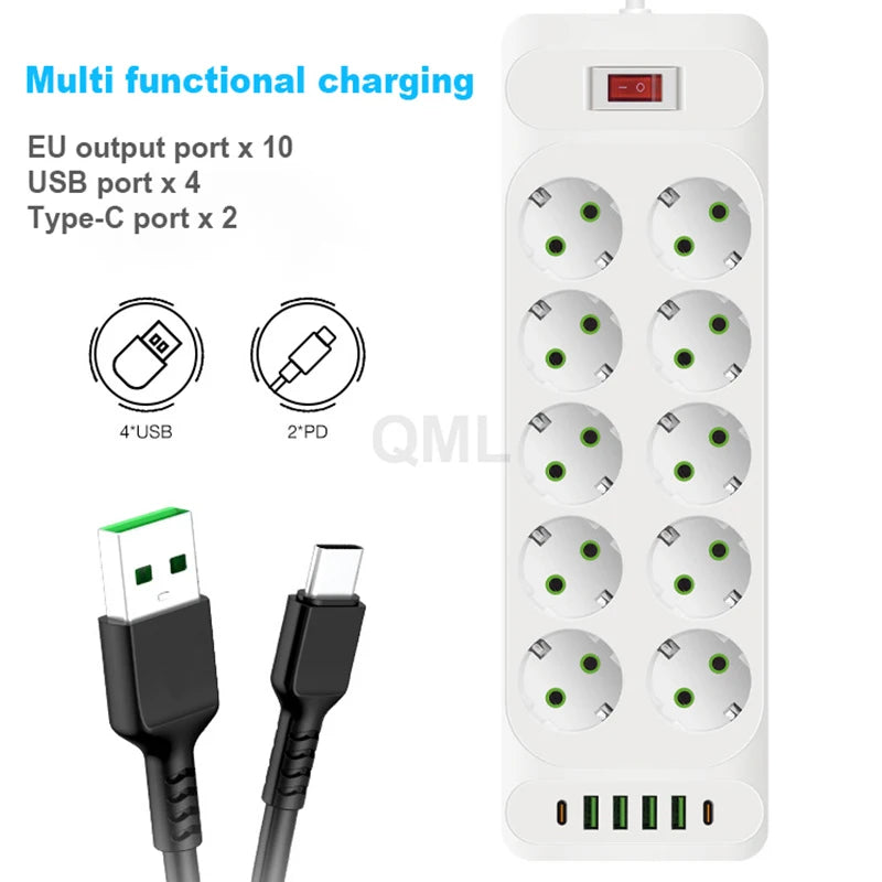 EU Power Strip 2500W — 10-Outlet Extension with Safety Master Switch, 6 USB Ports incl. USB-C, 2m (6.6 ft) Cord, EU Plug