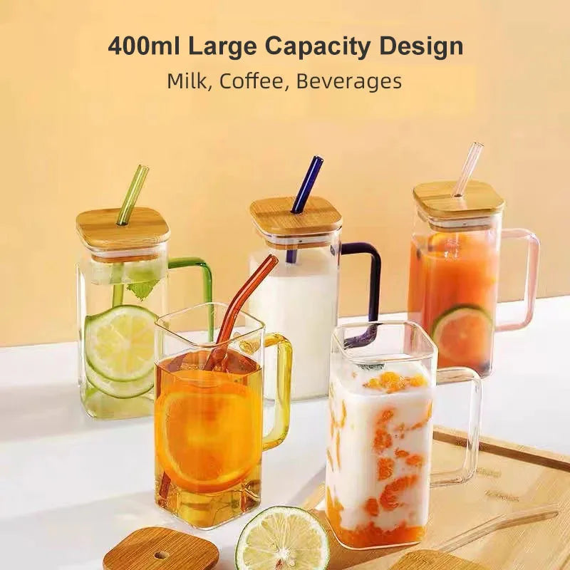 400ml (13.5 oz) Square Glass Mug with Lid and Straw — Microwave Safe Coffee, Milk & Party Drinkware