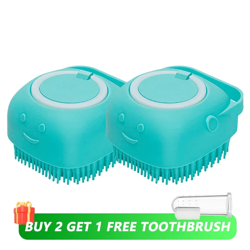 Dog & Cat Silicone Bath Brush with Shampoo Dispenser — Soft Rubber Bristles for Grooming & Massage