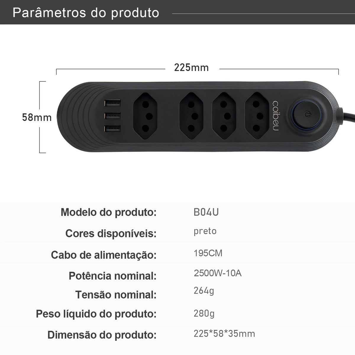 Power Strip with USB & Overload Protection – Extension Socket 10A, 2m (6.6 ft) Cable