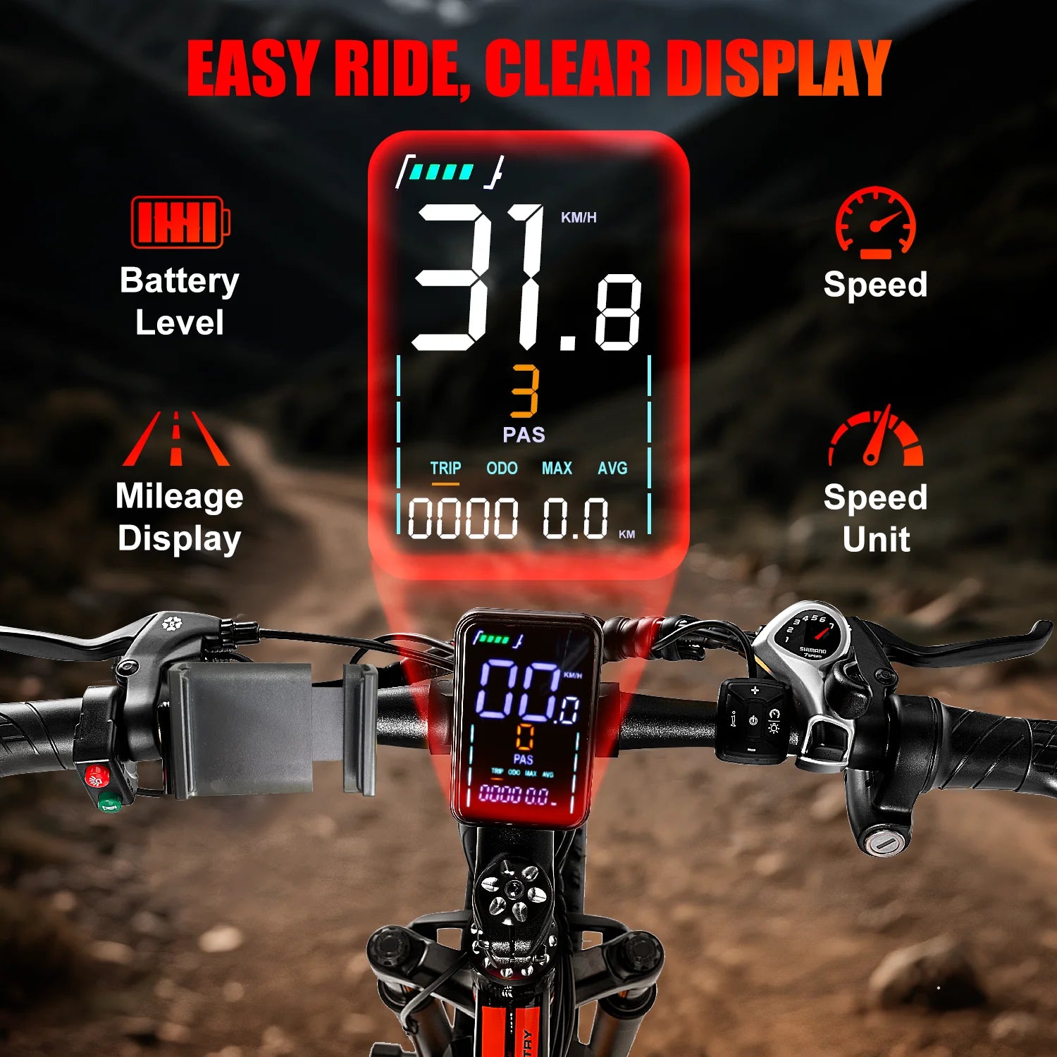 Adult Electric Fat Tire Bike 26-inch (66 cm), 1000W Motor (up to 1500W peak), 34 MPH (55 km/h), 60‑Mile Range, 4.0-inch Tires