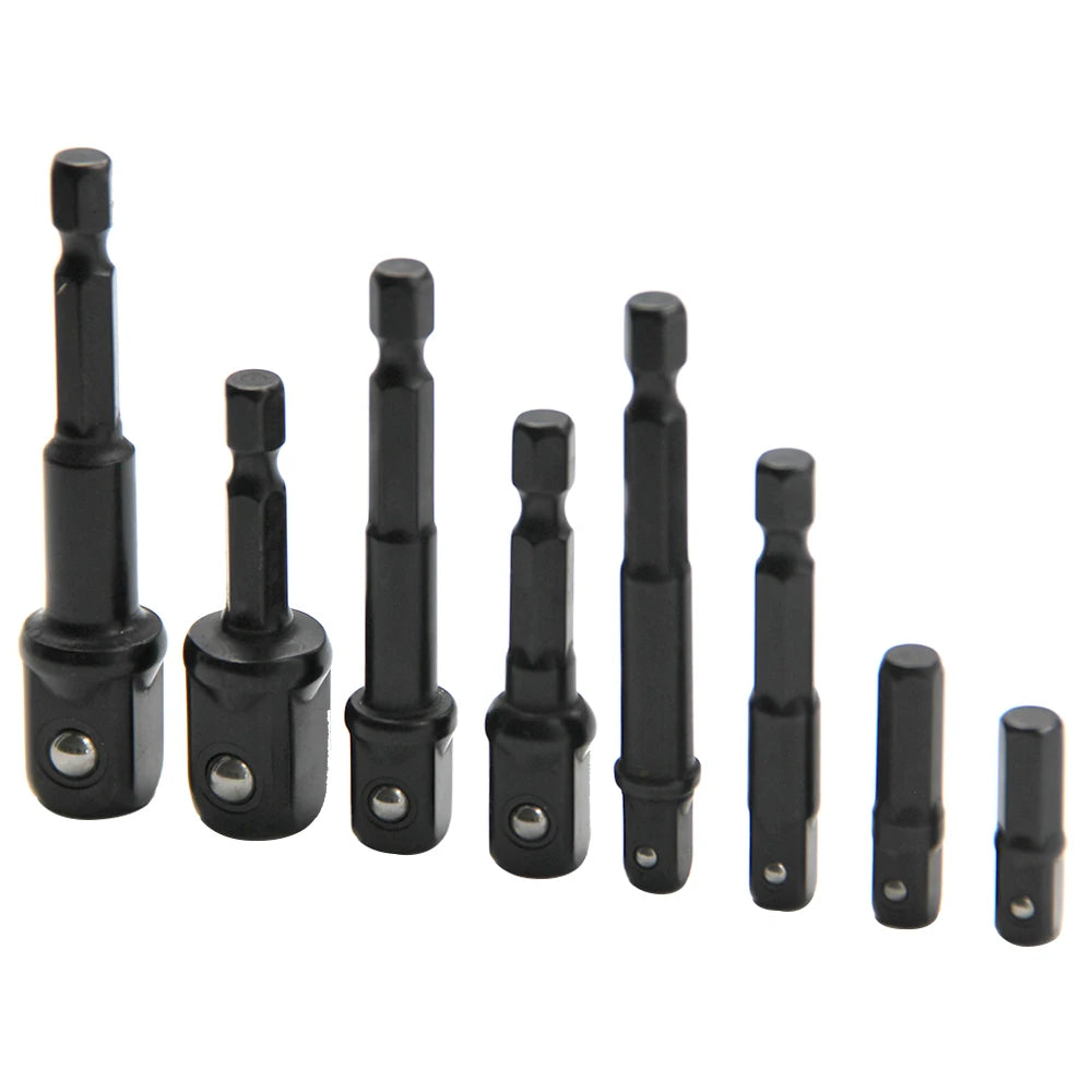 8-Piece Black Drive Adapter & Extension Rod Set for Screwdrivers — 1/4, 3/8, 1/2 in (6.35, 9.53, 12.7 mm), Assorted 25–73 mm