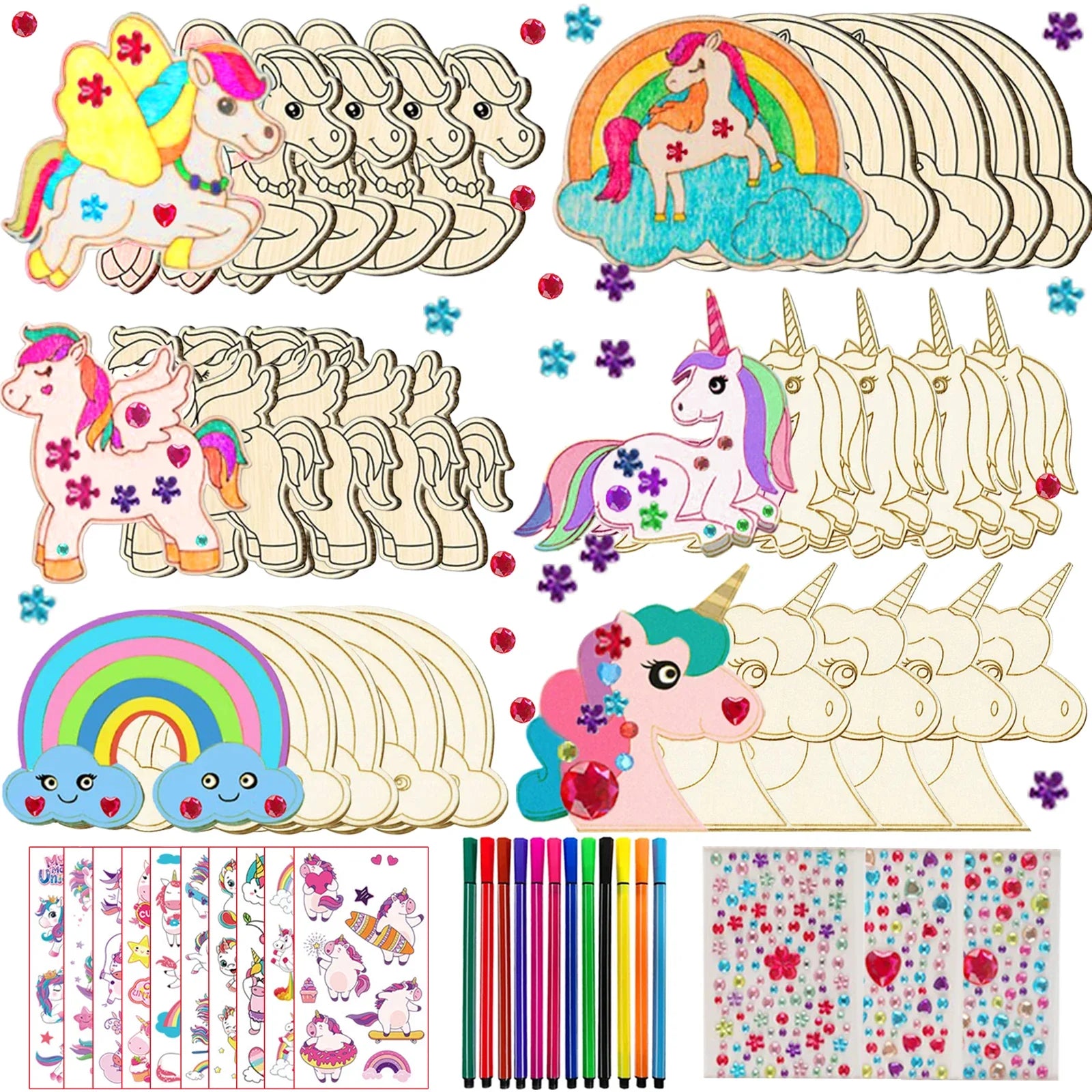386-Piece DIY Unicorn Wood Craft Kit for Kids - 18 Wooden Unicorns, 354 Rhinestones, 12 Colored Pencils & 2 Stickers
