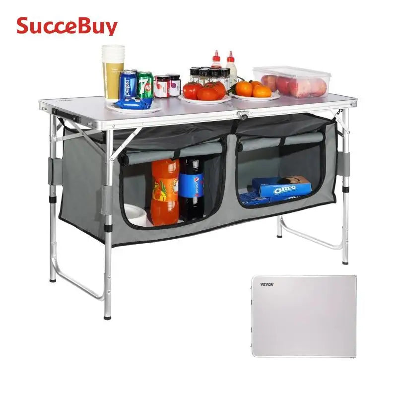 Folding Camping Kitchen Table with MDF Top – Portable Adjustable-Height Outdoor Cooking & BBQ Table for RVs and Picnics (47.2 x 18.5 in / 120 x 47 cm)