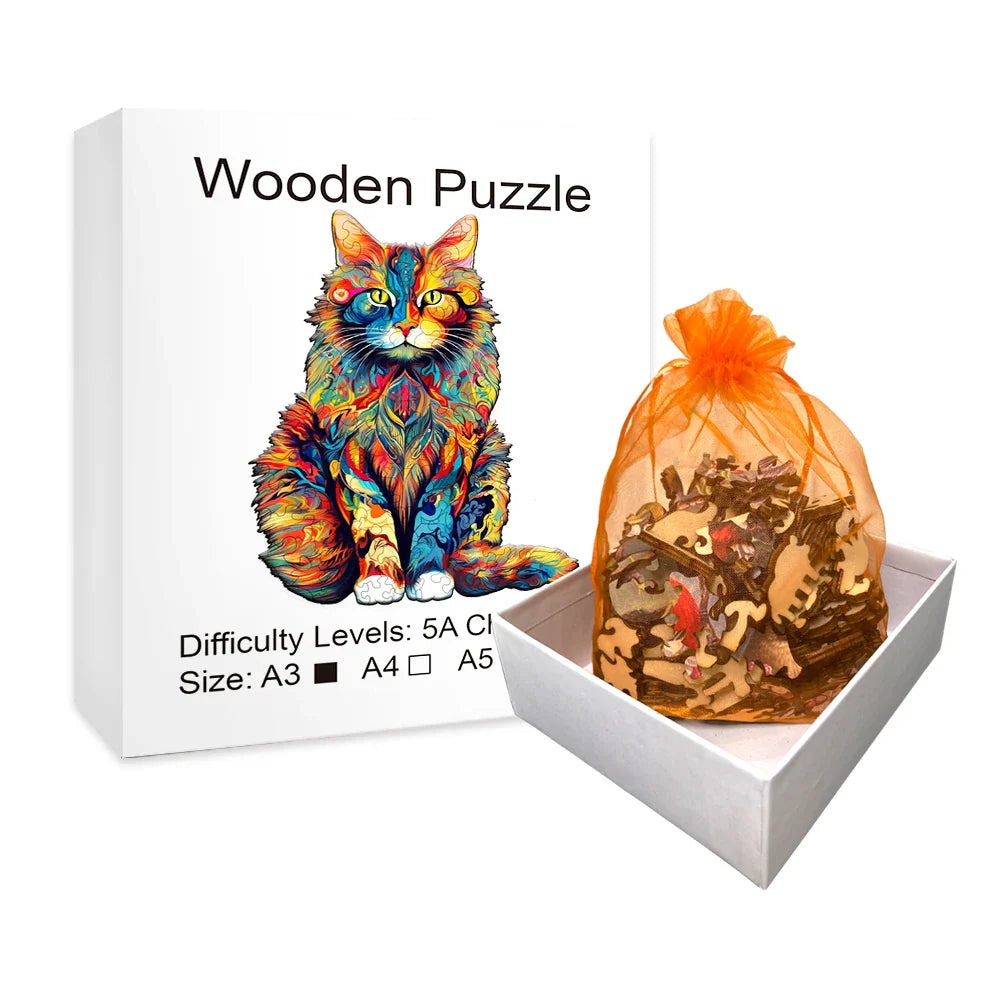 Color Changing Cat Wooden Puzzle - Irregular Animal Jigsaw, High-Difficulty Brain Teaser Toy