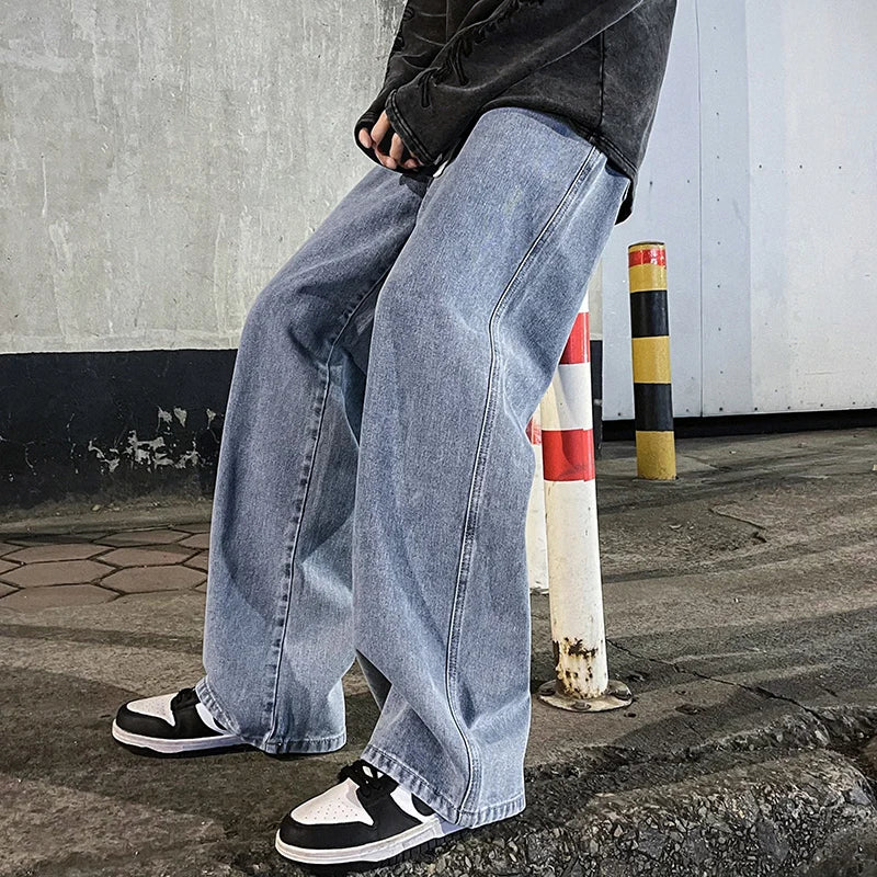 Men's Korean Streetwear Loose Wide-Leg Jeans - Straight Baggy Pants in Black & Light Blue