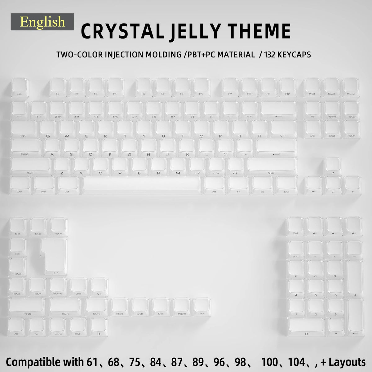 Crystal Jelly Keycap Set — Korean & English Side/Front Printed for Mechanical Keyboards | Pink, White & Blue — Fits 60%, 75%, 80%, 100% and Common Layouts