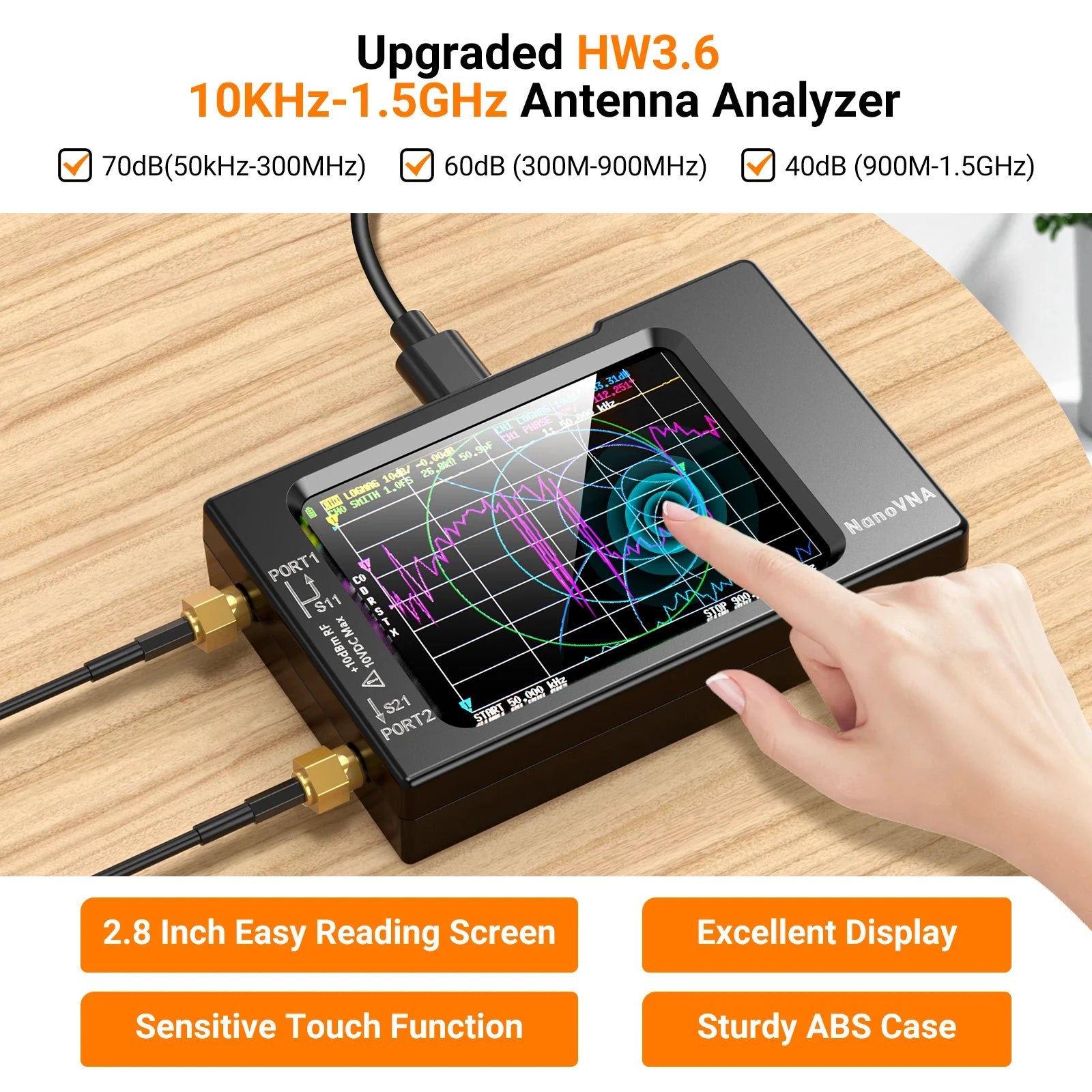 Vector Network Antenna Analyzer 10 kHz - 1.5 GHz | Portable VNA Spectrum Analyzer 2.8 inch Touchscreen, USB-C, SD Card (Up to 32GB)