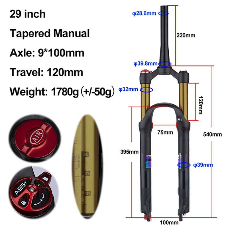MTB Air Suspension Fork — 120mm Travel, Rebound Adjustable, 26/27.5/29 in, 9x100mm Quick Release, Disc Brake Compatible