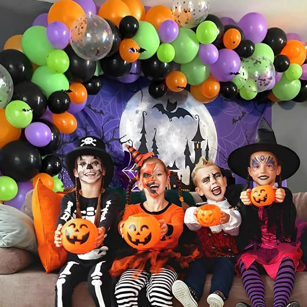 50-Pack Halloween Balloon Set – Matte Black, Orange & Purple with Metallic Confetti