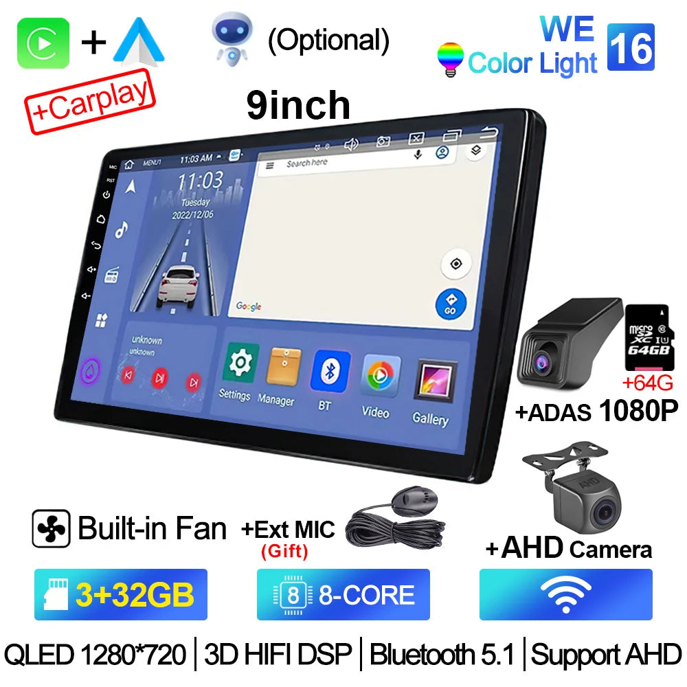 2-DIN Android Car Stereo - CarPlay & Android Auto, 7/9/10.1 inch (17.8/22.9/25.6 cm) QLED GPS, 8-Core CPU, DSP, WiFi & 4G, 6GB/128GB