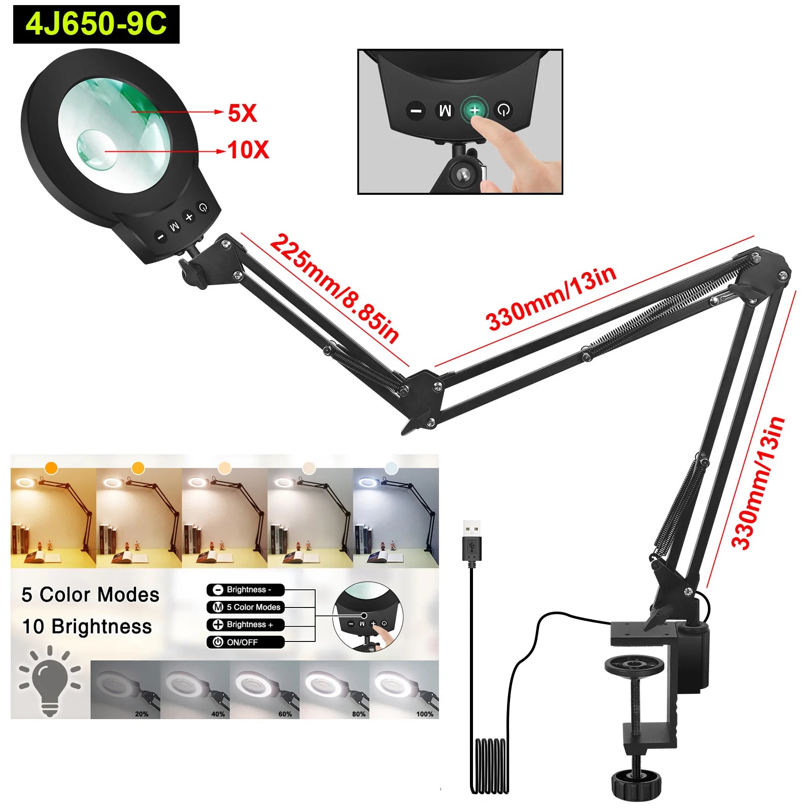 Adjustable Swing-Arm Magnifying Lamp 5X/10X with 110mm Lens, 5-Color Touch LED Clamp Light for Reading Jewelry Repair Electronics