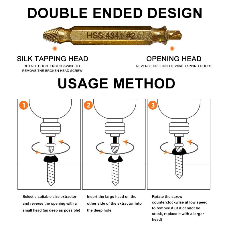 6-Piece HSS Double-Head Screw Extractor Set – Slide-Tooth Broken Screw Removal Bits