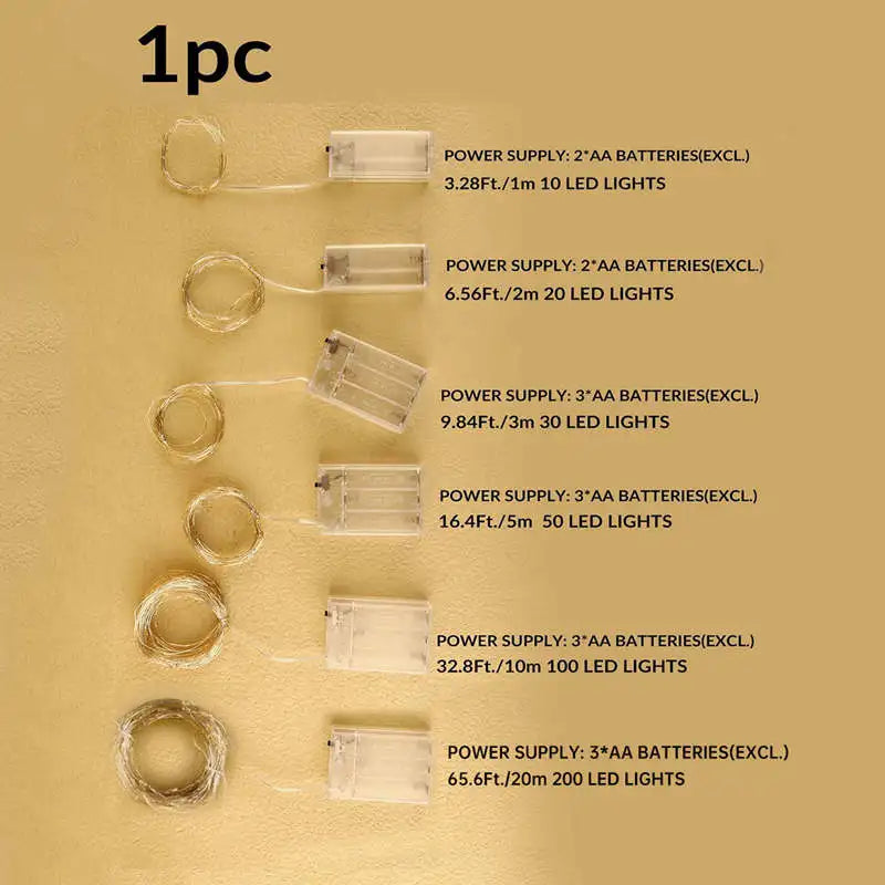 1-Pack Fairy LED Copper Wire String Lights — Battery Powered, 1/2/3/5/10M (3.3/6.6/9.8/16.4/32.8 ft) for Bedroom, Garden, Party and Wedding Decor