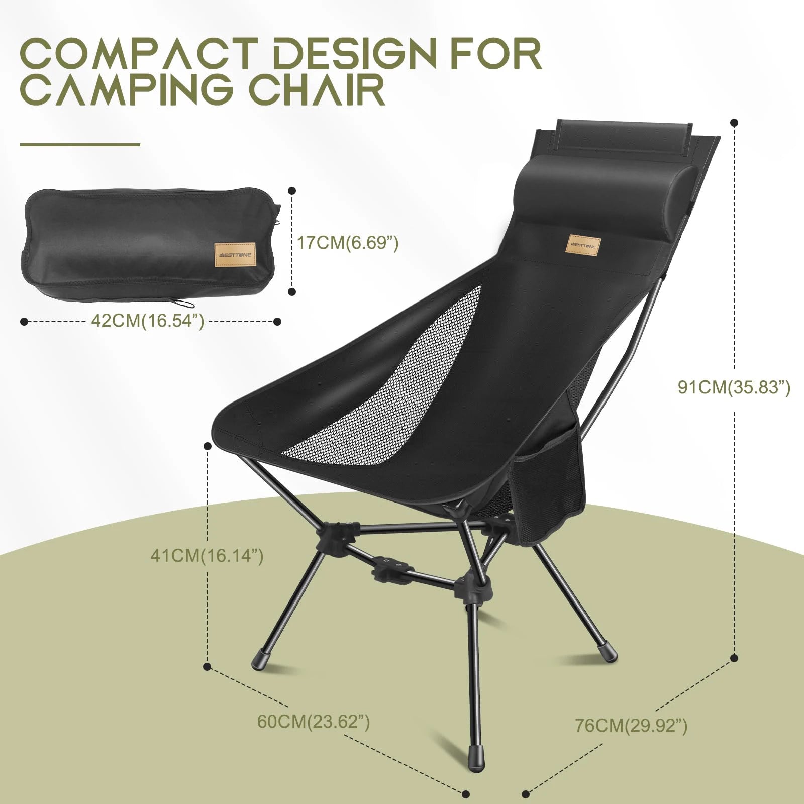 Ultralight Foldable Moon Camping Chair with Headrest, Portable Fishing & Travel Chair with Pillow and Carry Bag