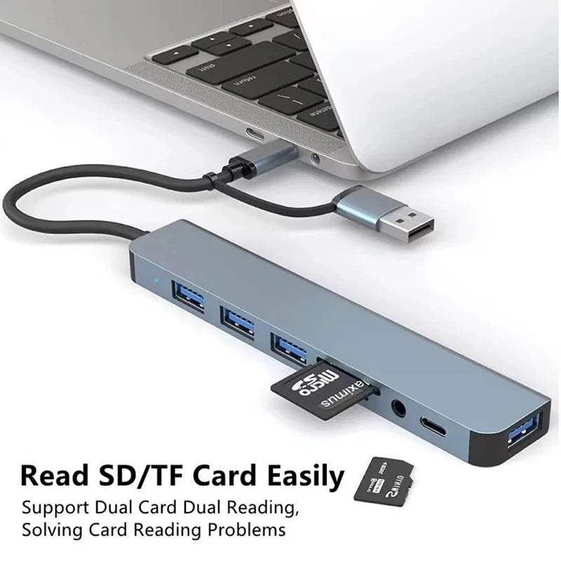 USB-C Hub 8-in-1 USB Splitter with SD/TF Card Reader, 3x USB Ports, USB-C & 3.5mm Audio — 15cm (5.9in) Cable, Compatible with MacBook & Laptops