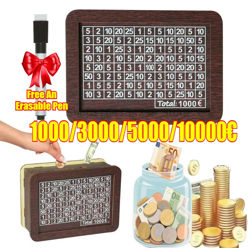 Handmade Natural Wooden Piggy Bank with Goal Counter - Decorative Money Saving Box for Kids & Adults