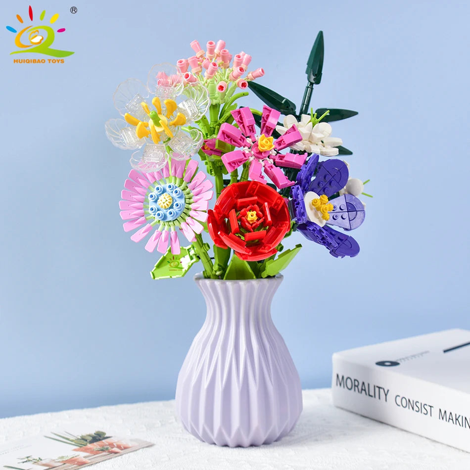 MOC Flower Building Blocks 3D Bouquet Kit - Sunflower & Rose DIY Brick Set, Small LEGO-Compatible Pieces, Educational Toy & Home Decor
