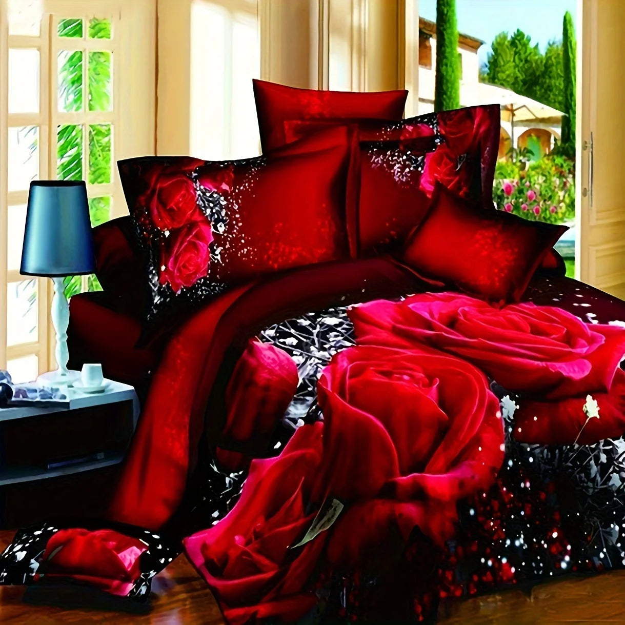 2/3-Piece Red Rose Print Microfiber Duvet Cover Set – Soft Bedding (Duvet Cover + 1/2 Pillowcases, No Insert)