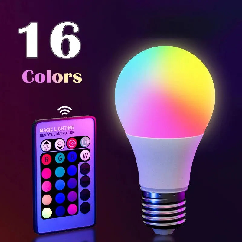 E27 RGBW LED bulb displaying 16 color options with remote