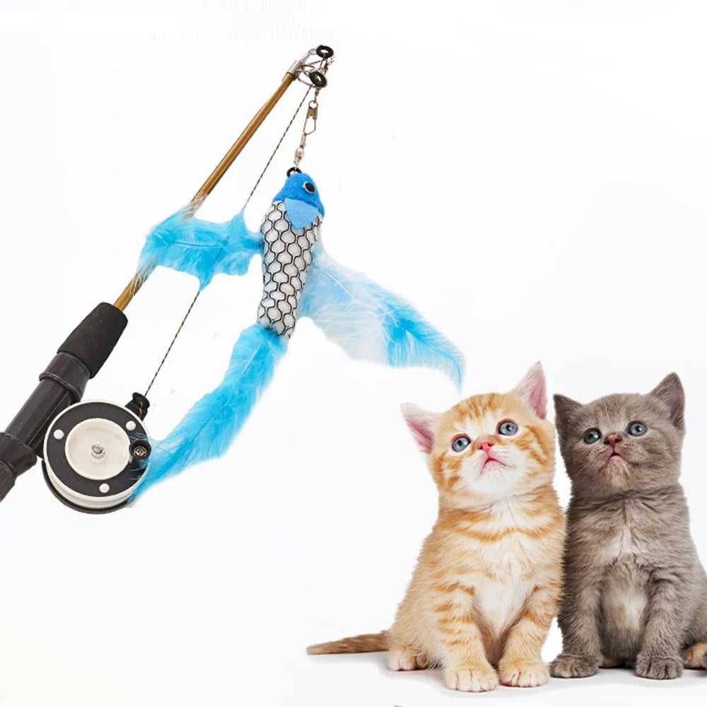Retractable Telescopic Cat Wand Toy - Feather Fish Teaser for Interactive Play (Cats & Kittens)