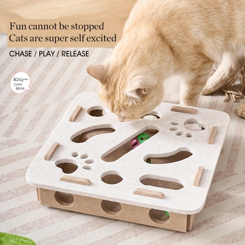 Interactive Felt Cat Puzzle Toy Box with Maze Tunnel and Bell Ball – Indoor Cat Entertainment