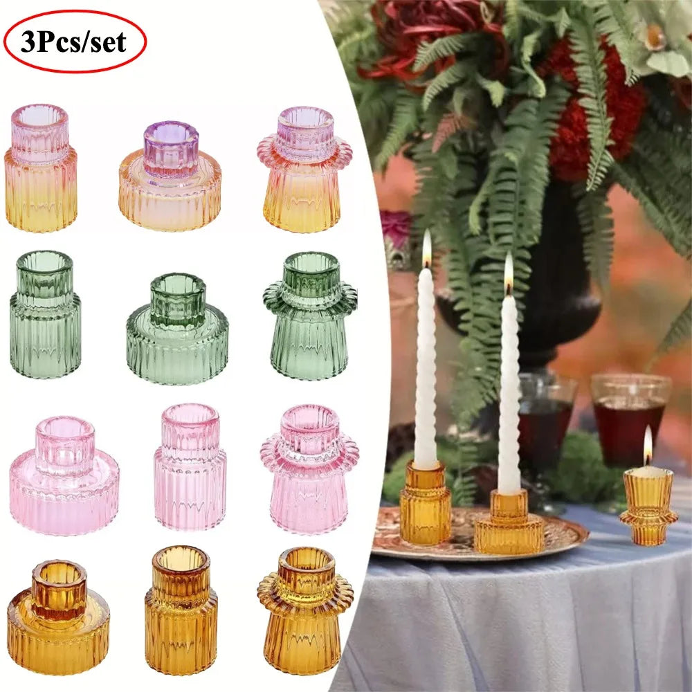 3-Pack Ribbed Double-Ended Glass Candle Holders — Vintage Taper & Tealight Centerpiece Set for Weddings, Dinner Parties, Home Decor