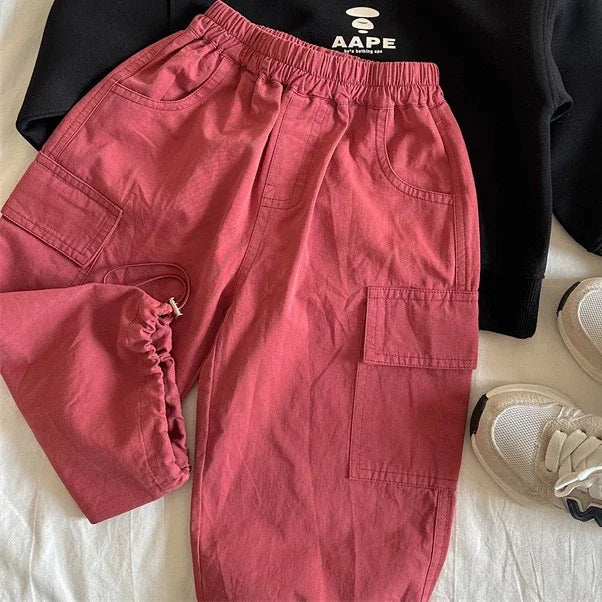 Kids Cargo Overalls Pants - Wide Leg Ankle-Length with Elastic Waist, Unisex Boys & Girls (4-6 Years)