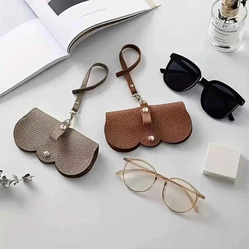Litchi Embossed PU Leather Sunglasses Case with Hanging Strap Portable Eyewear Pouch for Sunglasses and Reading Glasses