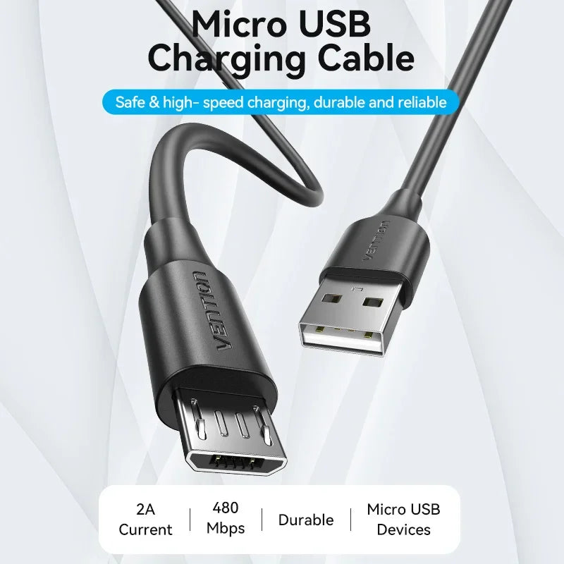 Micro USB 2.0 Cable — 2A Fast Charging & Data Sync, Multiple Lengths 0.25–3m (0.8–9.8 ft) — Compatible with Samsung, Huawei, Xiaomi, Redmi