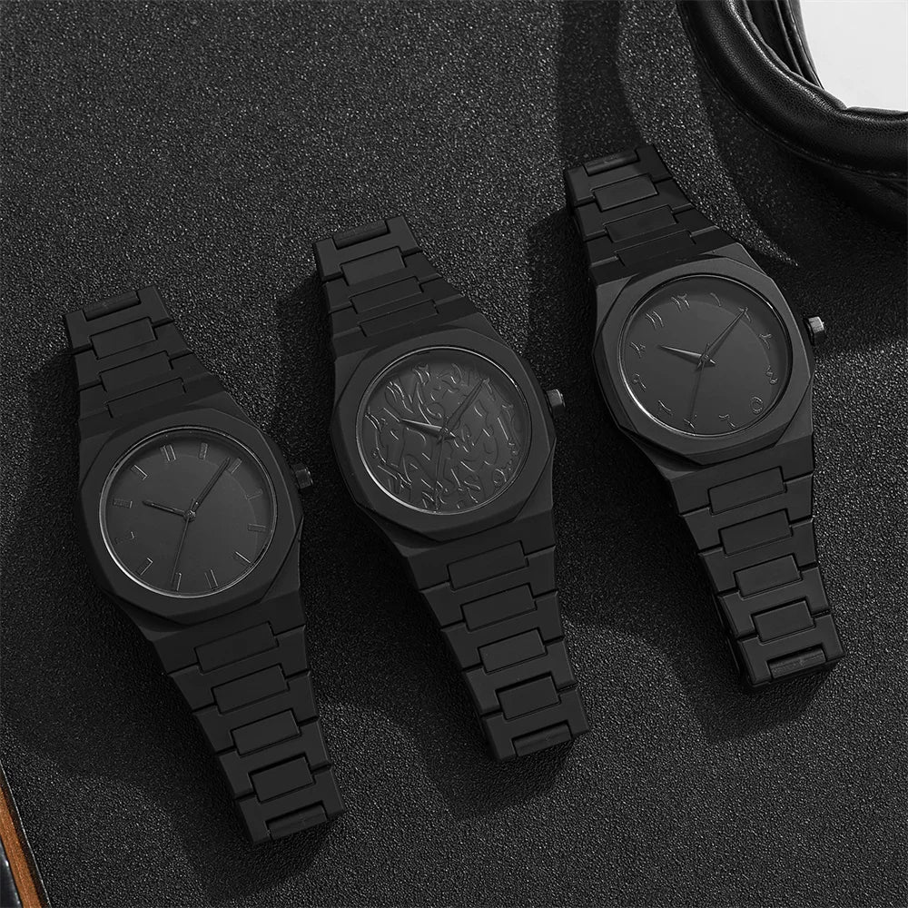 Men's Minimalist Black 38mm Quartz Watch, Large Dial with Polycarbonate Strap & Butterfly Clasp, 3ATM Water-Resistant