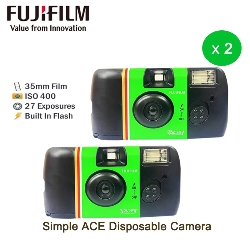 Single-Use Disposable Film Camera with Built-In Flash — 27 Exposures, ISO 400, 32mm Lens