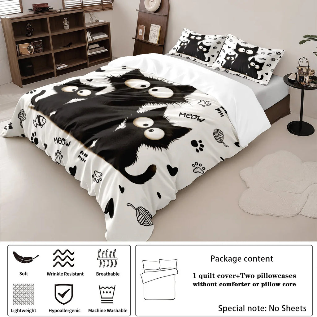 3-Piece Black Cat Printed Duvet Cover Bedding Set – 1 Duvet Cover + 2 Pillowcases, Multi-Size (1.0–2.8 m / 3.3–9 ft), Microfiber Polyester, Machine Washable