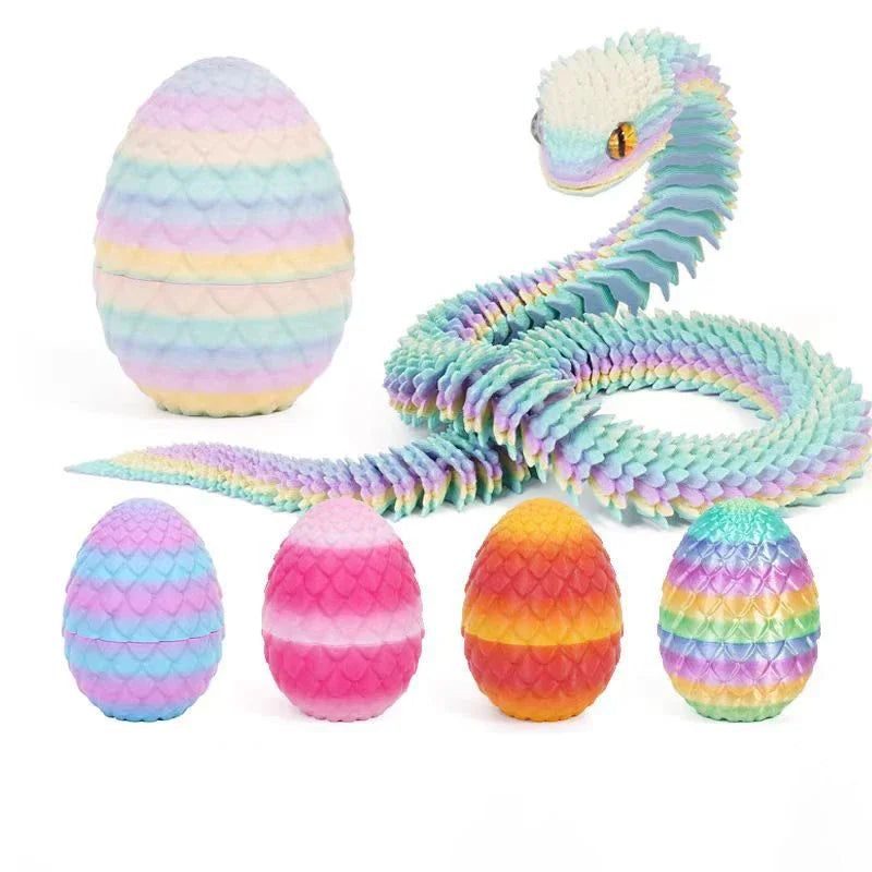 3D Printed Articulated Snake & Dragon Egg (22 cm / 8.7 in snake, 8 cm / 3.1 in egg) — Movable Joint Desktop Ornament, Fidget Toy & Anime Collectible