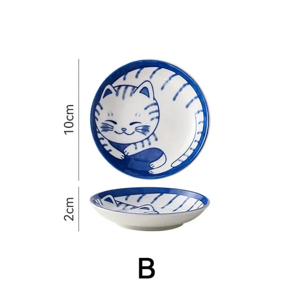Japanese-Style Ceramic Lucky Cat Sauce Dish - Cute Dessert & Sushi Plate (1 or 4-Pack)