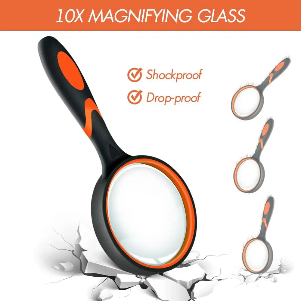 Handheld 10X Magnifying Glass for Kids & Seniors — Non-Slip Shatterproof Lens, 50/65/75/100 mm (1.97/2.56/2.95/3.94 in)