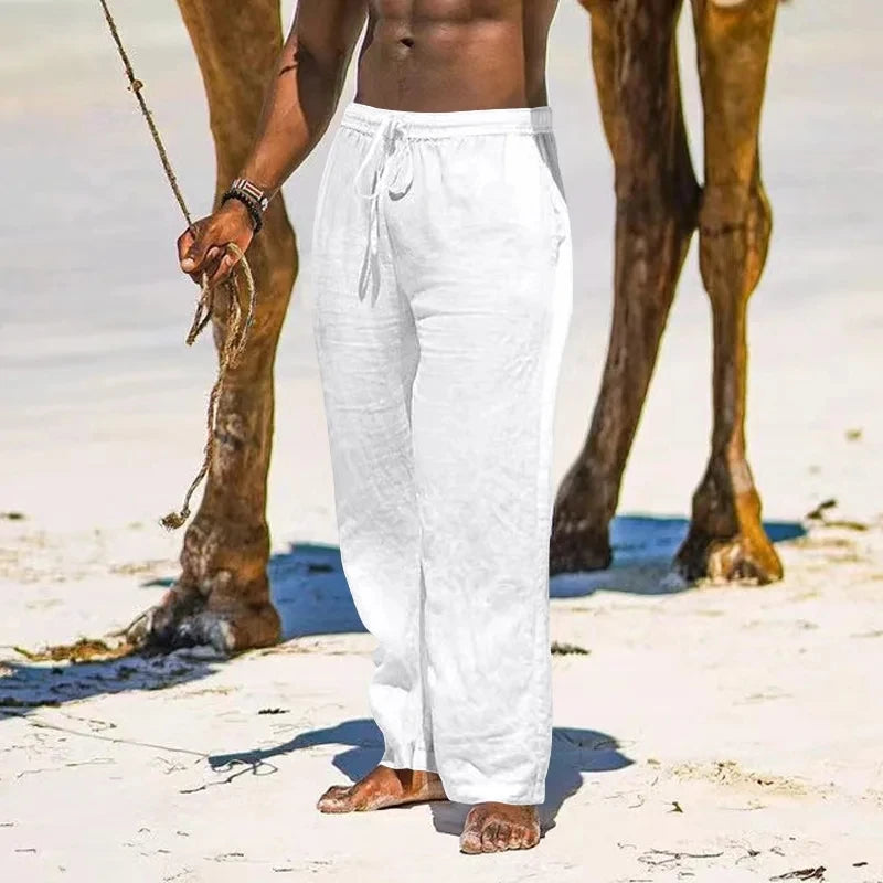 Men's Summer Cotton-Linen Oversized Wide Leg Pants Elastic Waist Casual Ankle-Length