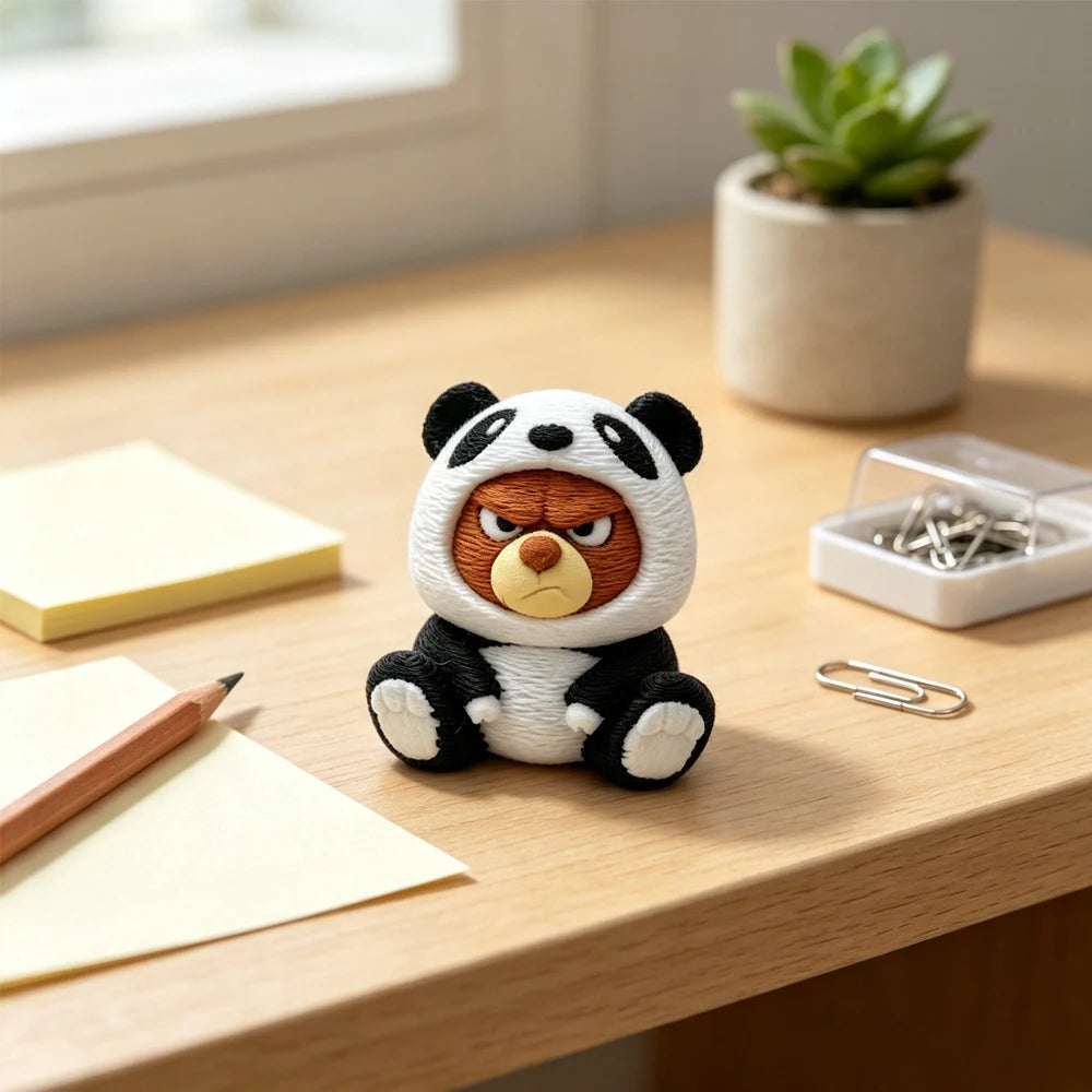 3D Printed Bear Figurine in Panda Jacket – Plastic Collectible Ornament for Home, Car & Desk Decor