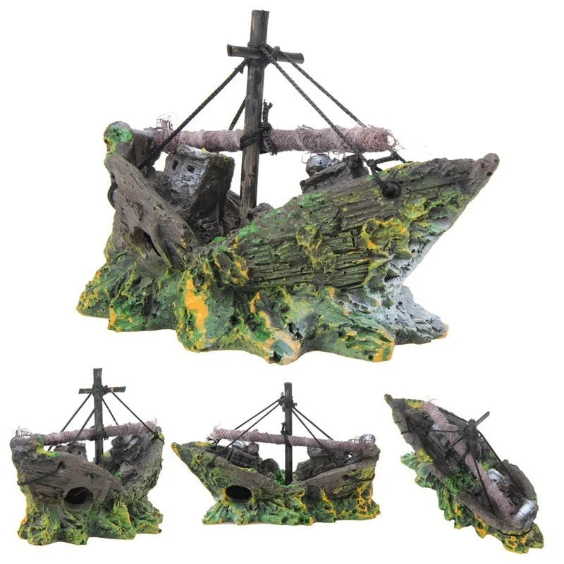 Pirate Ship Wreck Aquarium Decoration Resin Boat Ornament for Fish Tank — 5.1 x 2.0 x 4.3 in (13 x 5 x 11 cm)