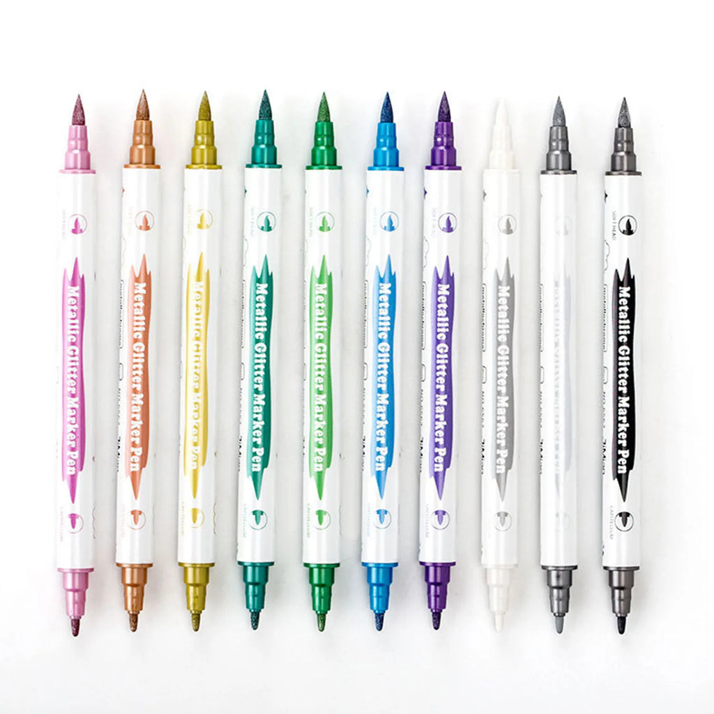 10-Pack Dual Tip Metallic Paint Markers – Brush & Fine Tip for DIY Cards, Scrapbooking & School Crafts