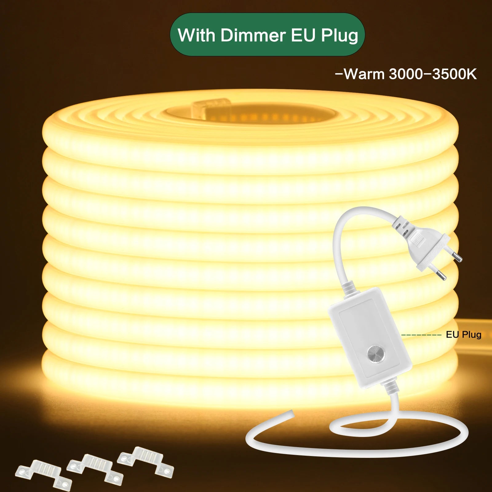 220V COB LED Strip Light 288 LEDs/m IP65 Dimmable with Switch or Dimmer Plug — 3000K 4000K 6000K Waterproof Indoor/Outdoor