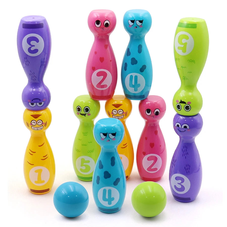Kids Cartoon Bowling Set, 10 Pins & 2 Balls with Expressive Faces, Gift Box for Indoor & Outdoor Party Games