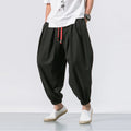 Men's Cotton Linen Wide-Leg Casual Pants – Ankle-Length Pleated Twill Trousers with Elastic Waist & Pockets
