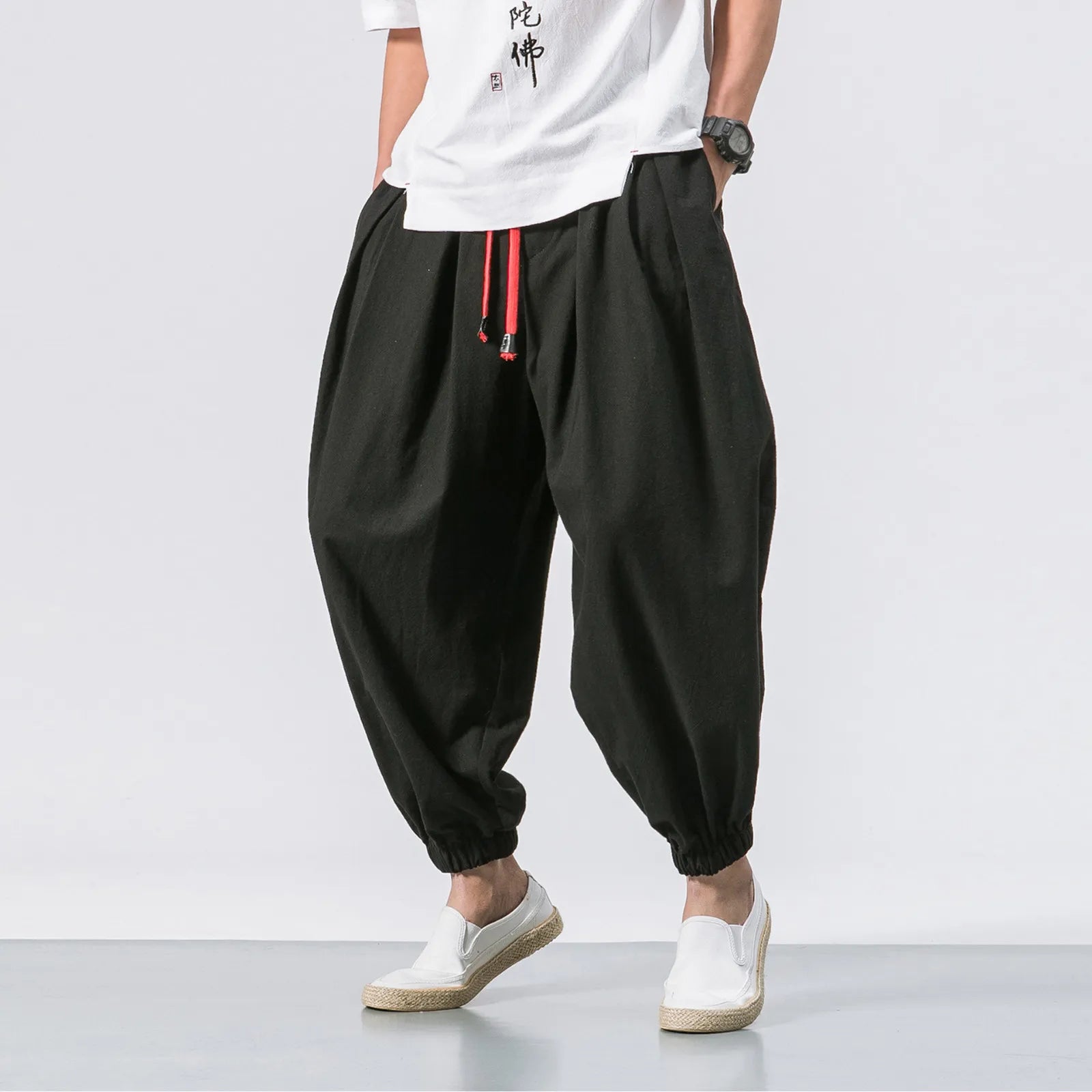 Men's Cotton Linen Wide-Leg Casual Pants – Ankle-Length Pleated Twill Trousers with Elastic Waist & Pockets