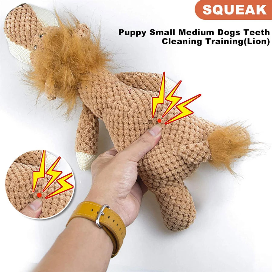Bite-Resistant Squeaky Plush Dog Toy — Lion, Wolf & Elephant, 15.7 x 6.3 x 3.5 in (40 x 16 x 9 cm) — Interactive Chew Toy for Small & Medium Dogs