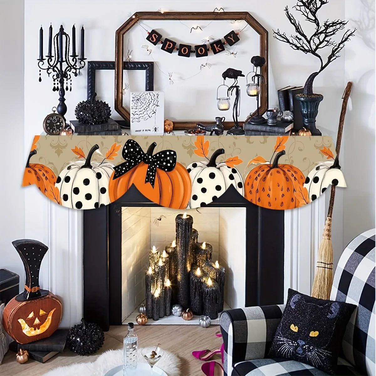 Golden Pumpkin Table Runner - Black & White Polka Dot Fireplace Scarf, Autumn Home Decor