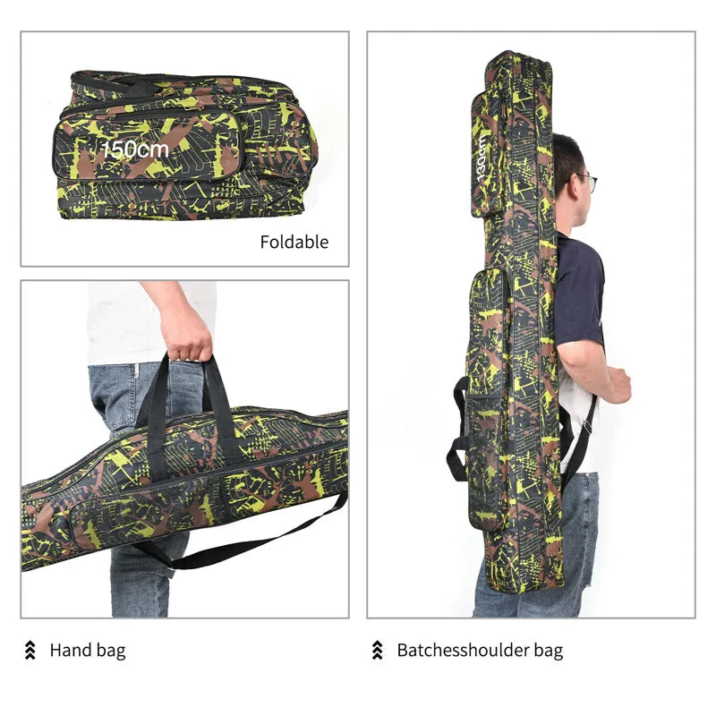 2-Layer Foldable Sea Fishing Bag 1.3m / 1.5m (4.3 ft / 4.9 ft) Double-Shoulder Rod Carrier & Outdoor Tackle Storage