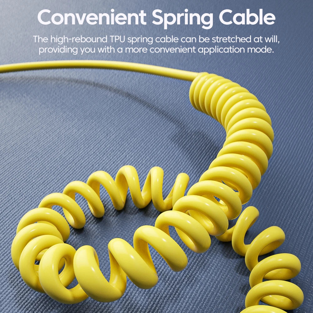 4-in-1 65W Telescopic Spring USB Cable – 6A Fast Charging & Data Sync (USB-C, Lightning, Micro USB)