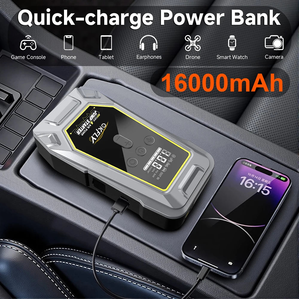 4000A/7000A Portable 12V Car Jump Starter with Air Compressor, LCD Screen Booster Charger & Power Bank