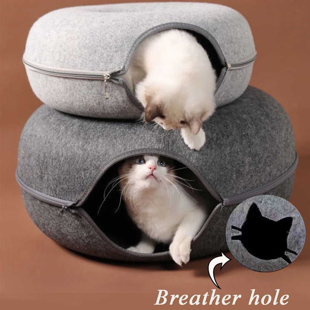 Donut Tunnel Cat Bed – Interactive Felt Cat House, Washable Zipper Design, All-Season Cozy Kitty Bed (M: 50 x 50 x 20 cm / 19.7 x 19.7 x 7.9 in; L: 60 x 60 x 28 cm / 23.6 x 23.6 x 11.0 in)